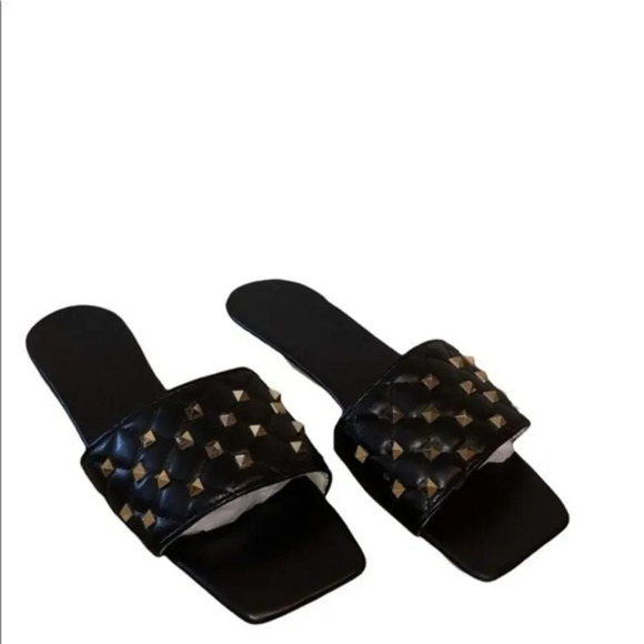 Square Toe Black Quilted Studded Summer Sandals Size 8.5 - Picture 11 of 15